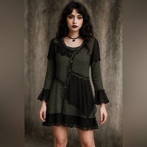 Pretty Angel Whimsigoth Black Green Linen Blend Tunic Dress ruffle lace sequin S